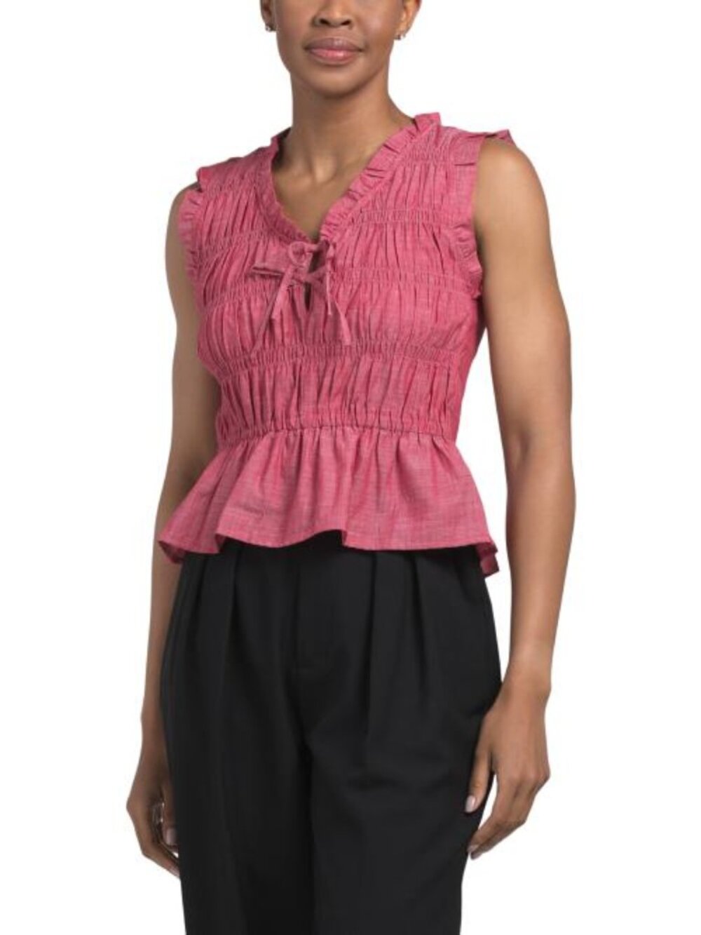 MODERN WORKS Smocked Bow Tie Cap Sleeve Blouse With Ruffle Hem